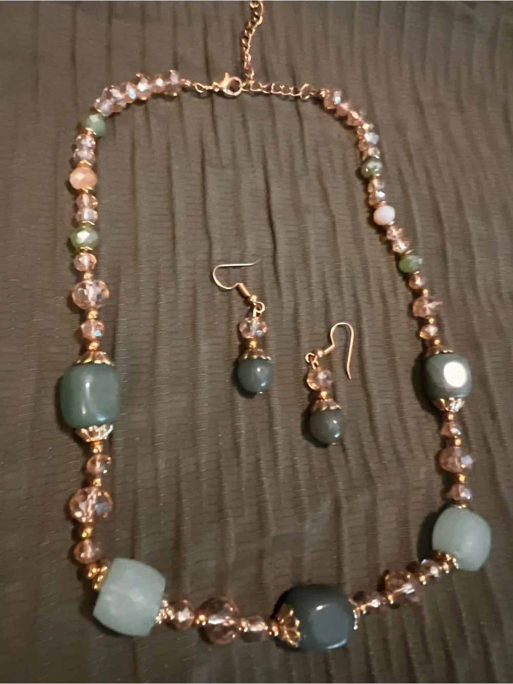 Gold-Tone Green Bead Necklace & Earrings Set